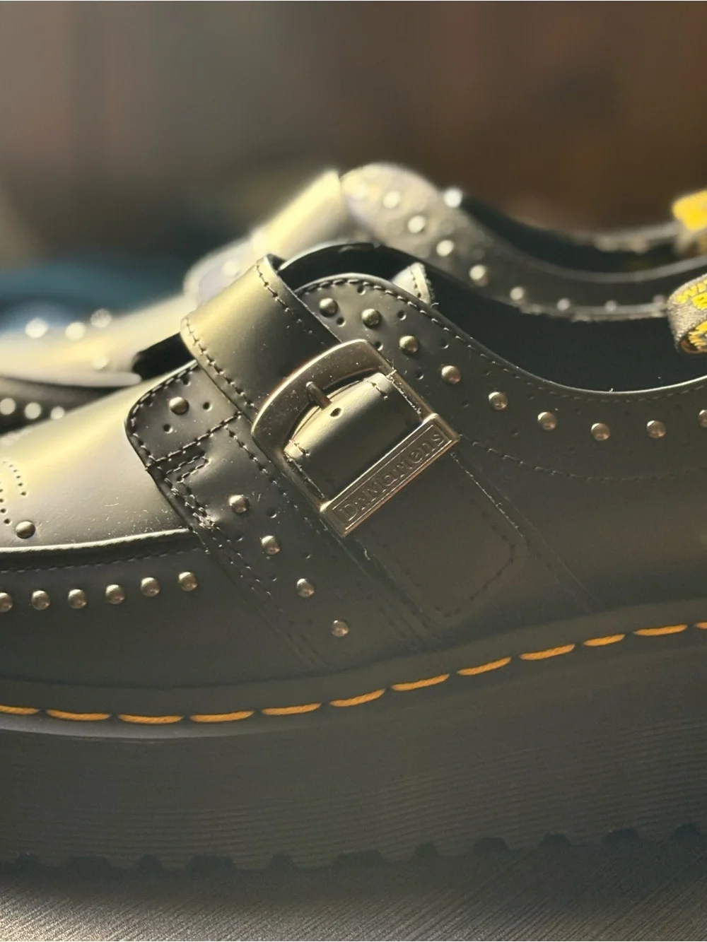 Dr. Martens Black Leather Monk Strap Platform Loafers with Yellow Stitching
